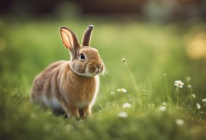 Brauner Hase mit kurzem Fell auf der Wiese