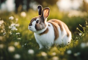 Brauner weißer Hase mit kurzem Fell auf der Wiese