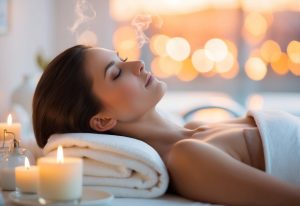 Frau im Wellness mit Kerzen liegt auf weißem Handtuch