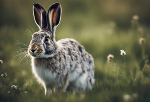 Gescheckter Hase mit kurzem Fell auf der Wiese