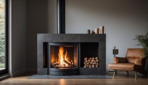 Kamin neben einem braunen Ledersessel