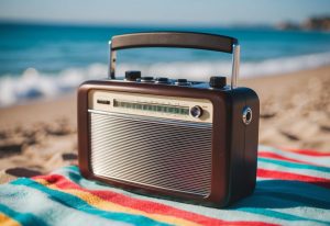 Radio auf Handtuch am Starnd mit Meer im Hintergrund