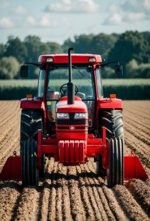 Roter Traktor auf dem Feld