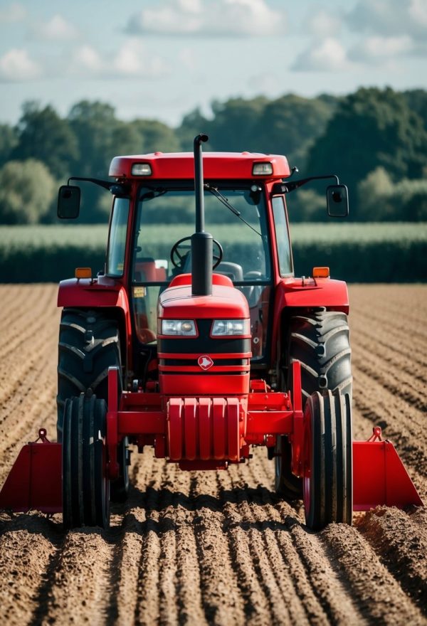 Roter Traktor auf dem Feld