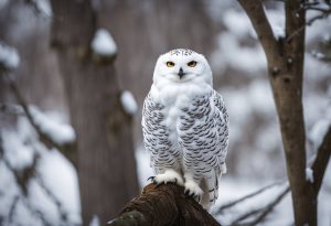Schneeeule im Baum mit Schnee 1