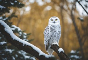 Schneeeule im Baum mit Schnee