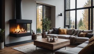 Wandkamin im Wohnzimmer mit Sofa und Couchtisch